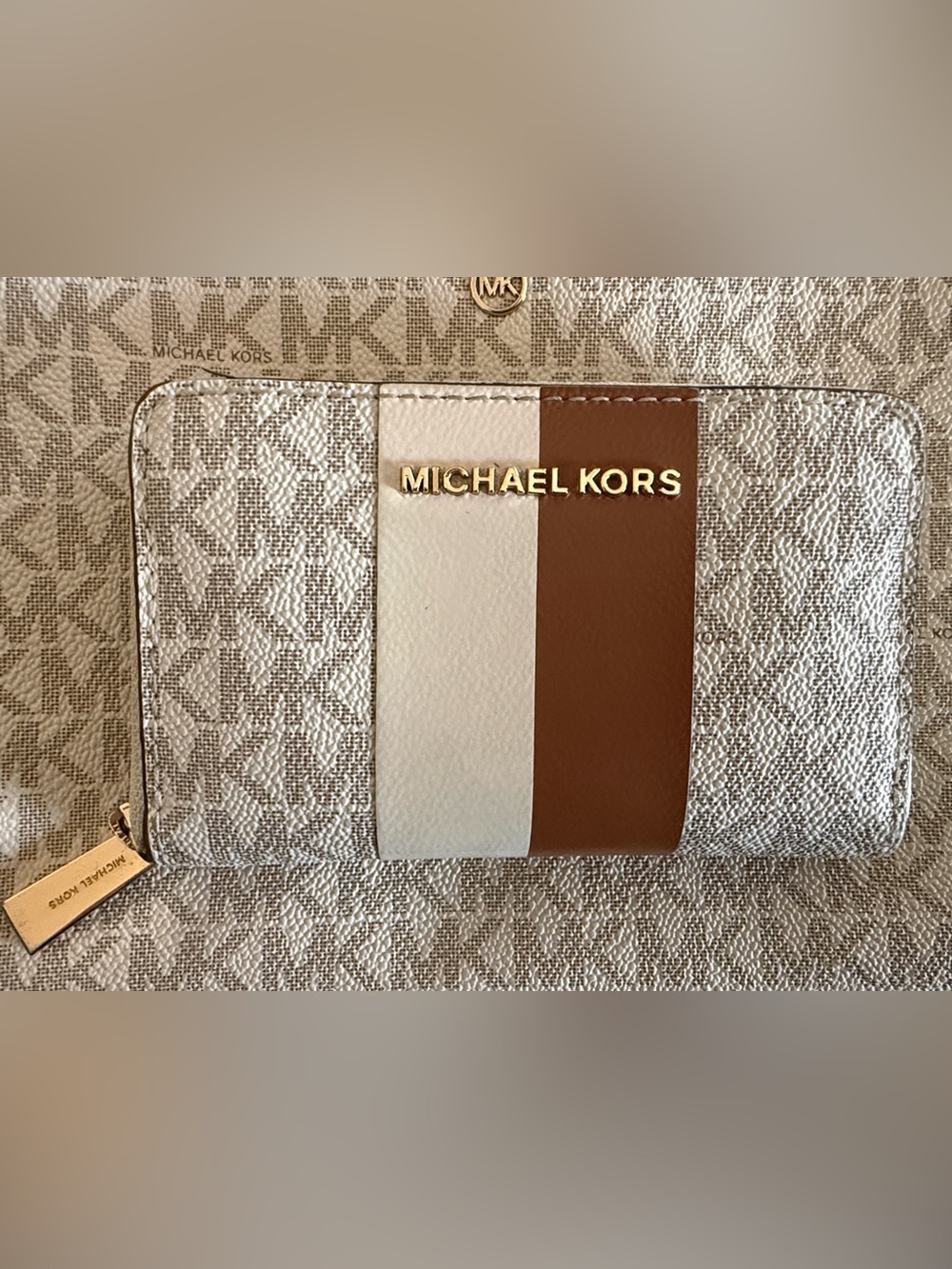 Michael Kors Two-Tone White & Brown Logo Zip Wallet